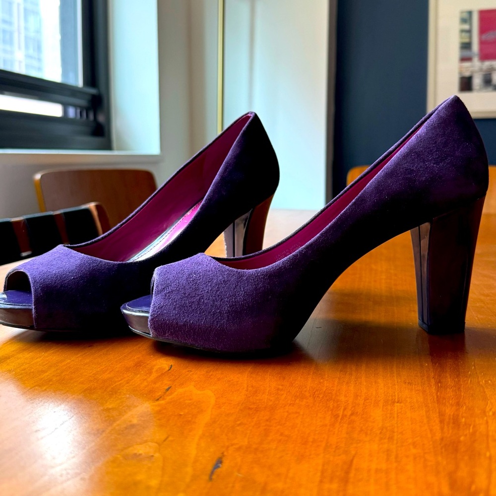 Franco Sarto purple peep toe heels.